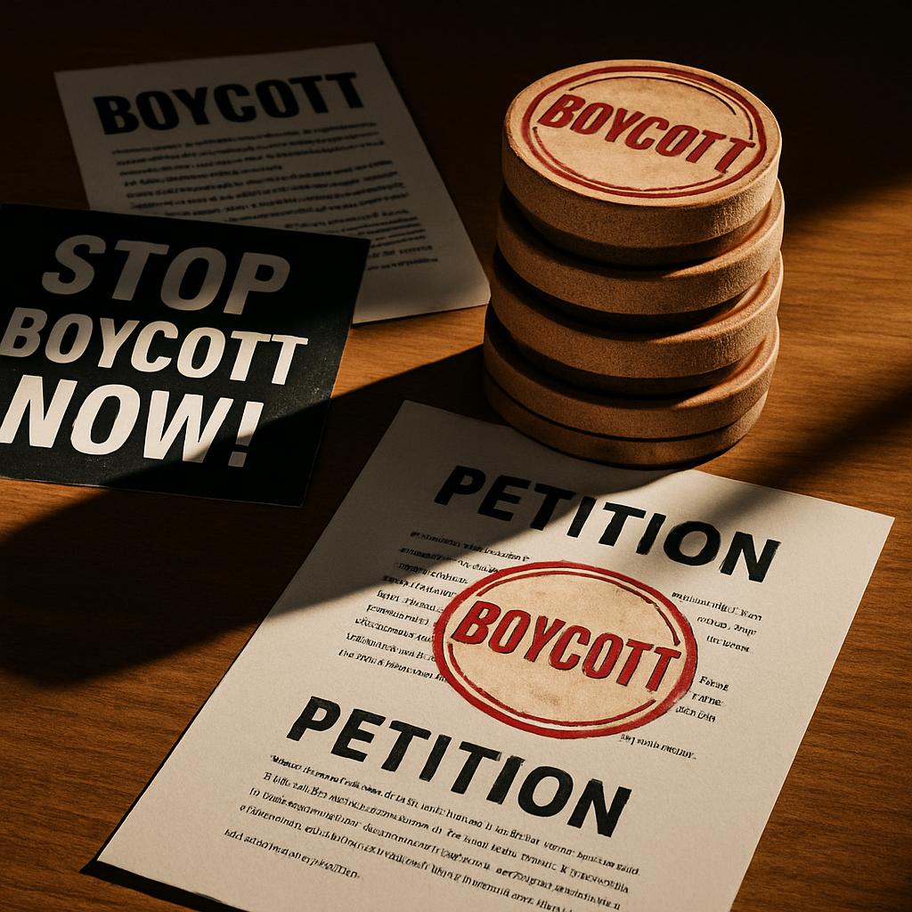 Three sheets of paper, including a "PETITION BOYCOTT" paper and two "BOYCOTT" papers, along with two cork coasters with th...