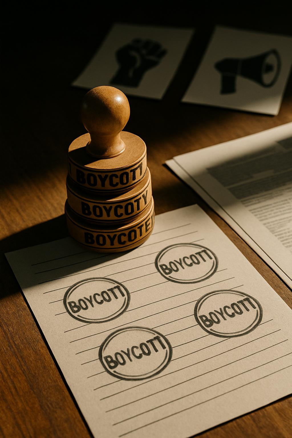 The image depicts a stack of four round wooden stamps with the word "BOYCOTT" printed on them, accompanied by a sheet of p...