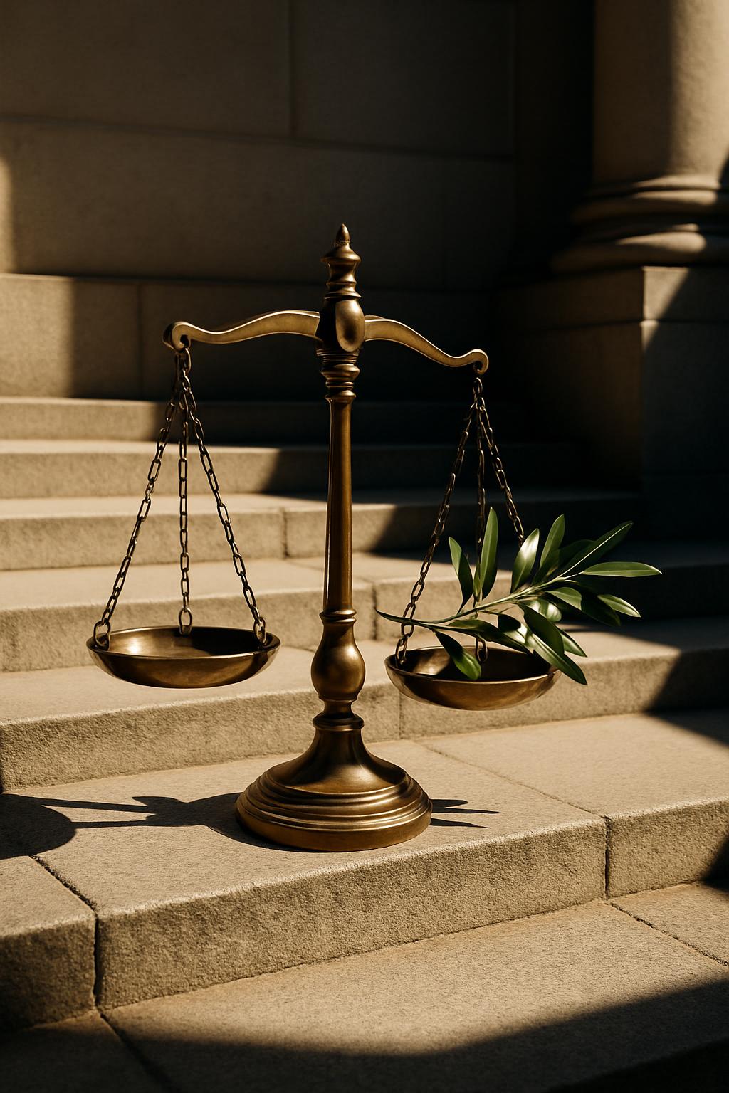 A symbol of justice and balance in an architectural setting, poised on stone steps.