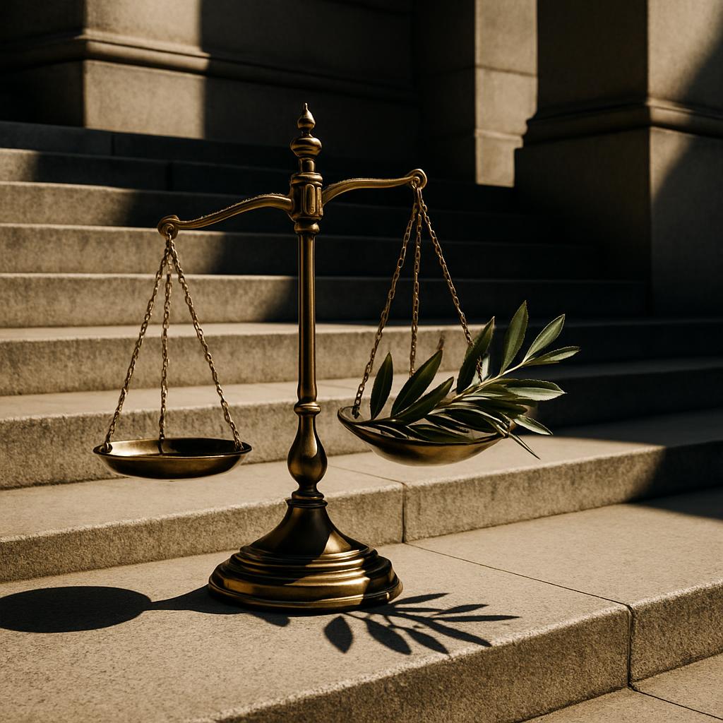 - A golden scale with small plates and leaves in one, with shadows, placed on stone concrete steps, in a dimly lit area wi...